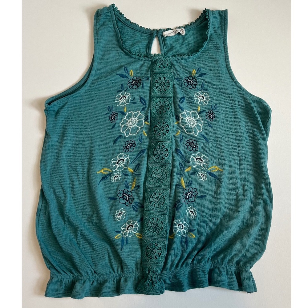 Live to be Spoiled Teal Embroidered Crochet Lace Trim Bubble Hem Tank Top XL